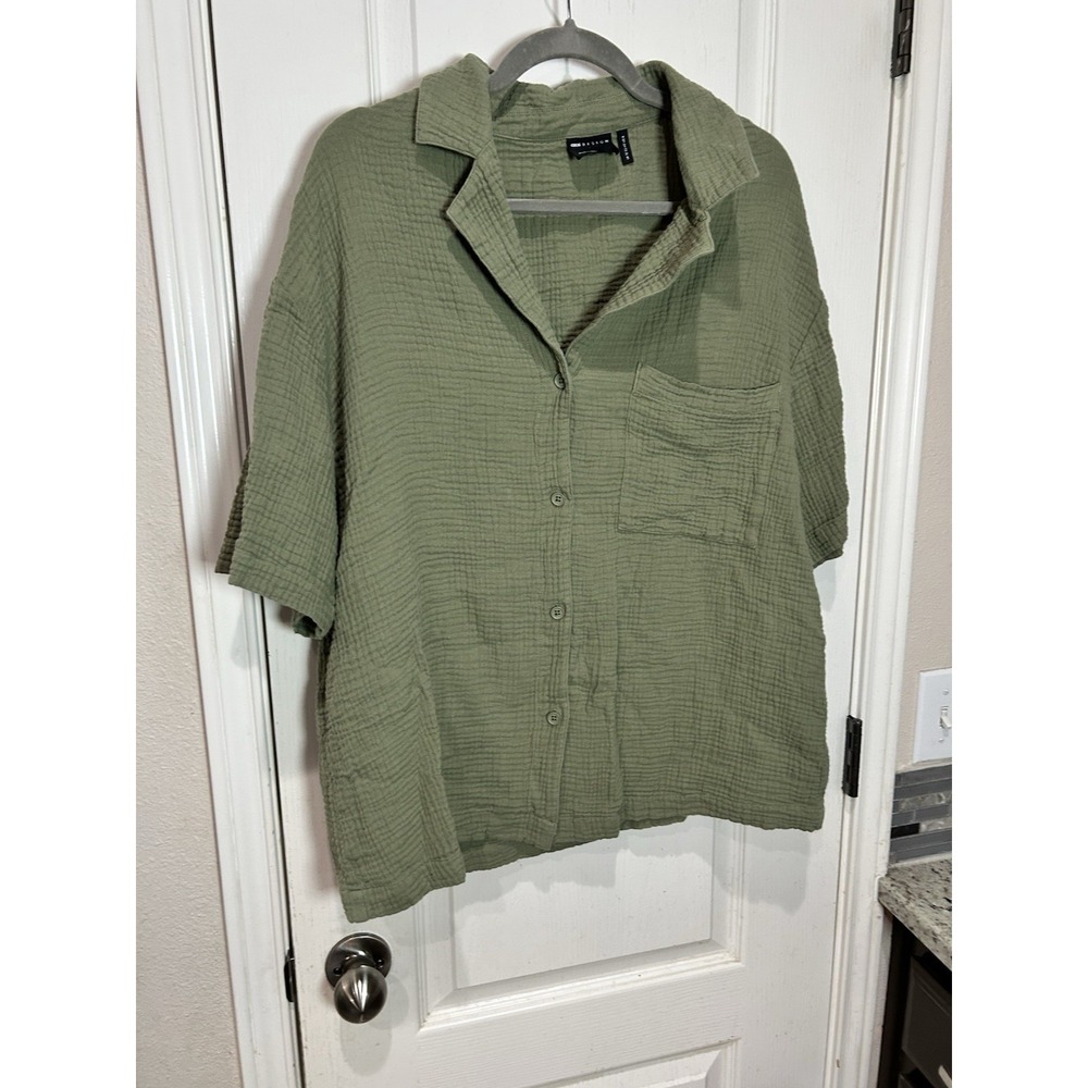 ASOS loose fit beach shirt khaki Green Button Down Boxy Camp Shirt Sz 8 Cotton